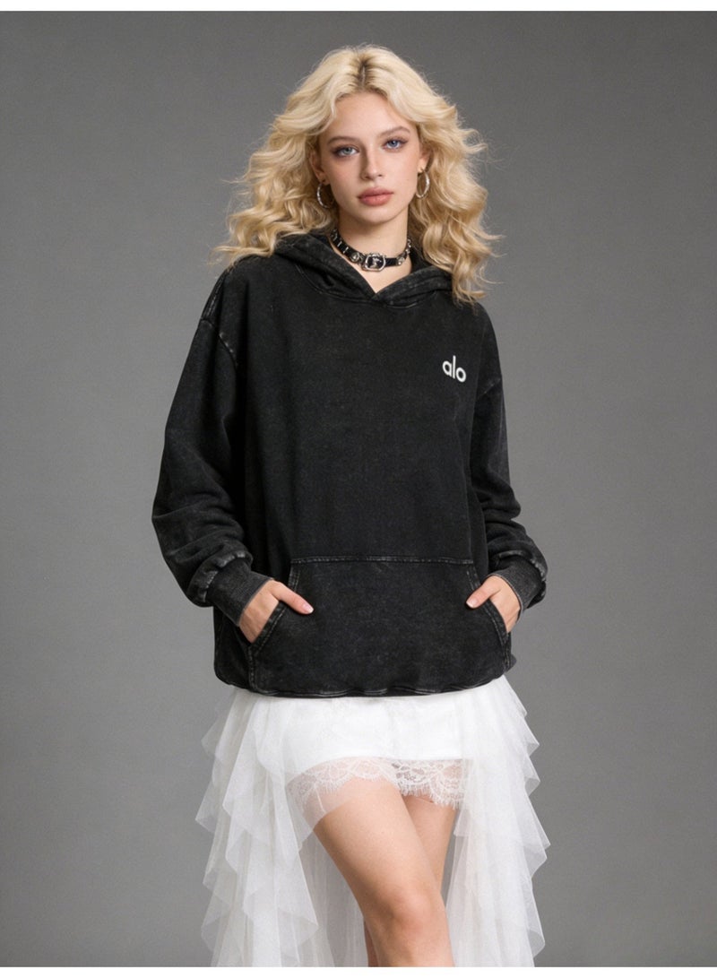 Alo Men's and Women's Washed Black Super Large Hoodie - Retro Fading Cotton Hoodie with Minimalist Logo and Kangaroo Pocket, Suitable for Both Men and Women, Heavy Cotton Up to 400g, Thick and Warm - Image 3